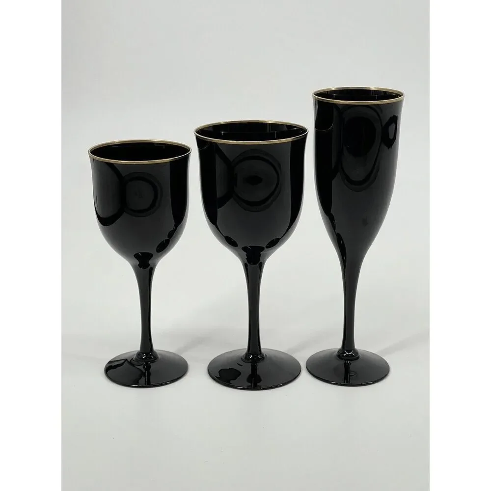 4 Vintage Noritake REMEMBRANCE EBONY Wine Glasses Goblets 7” Black W/ Gold Rim
